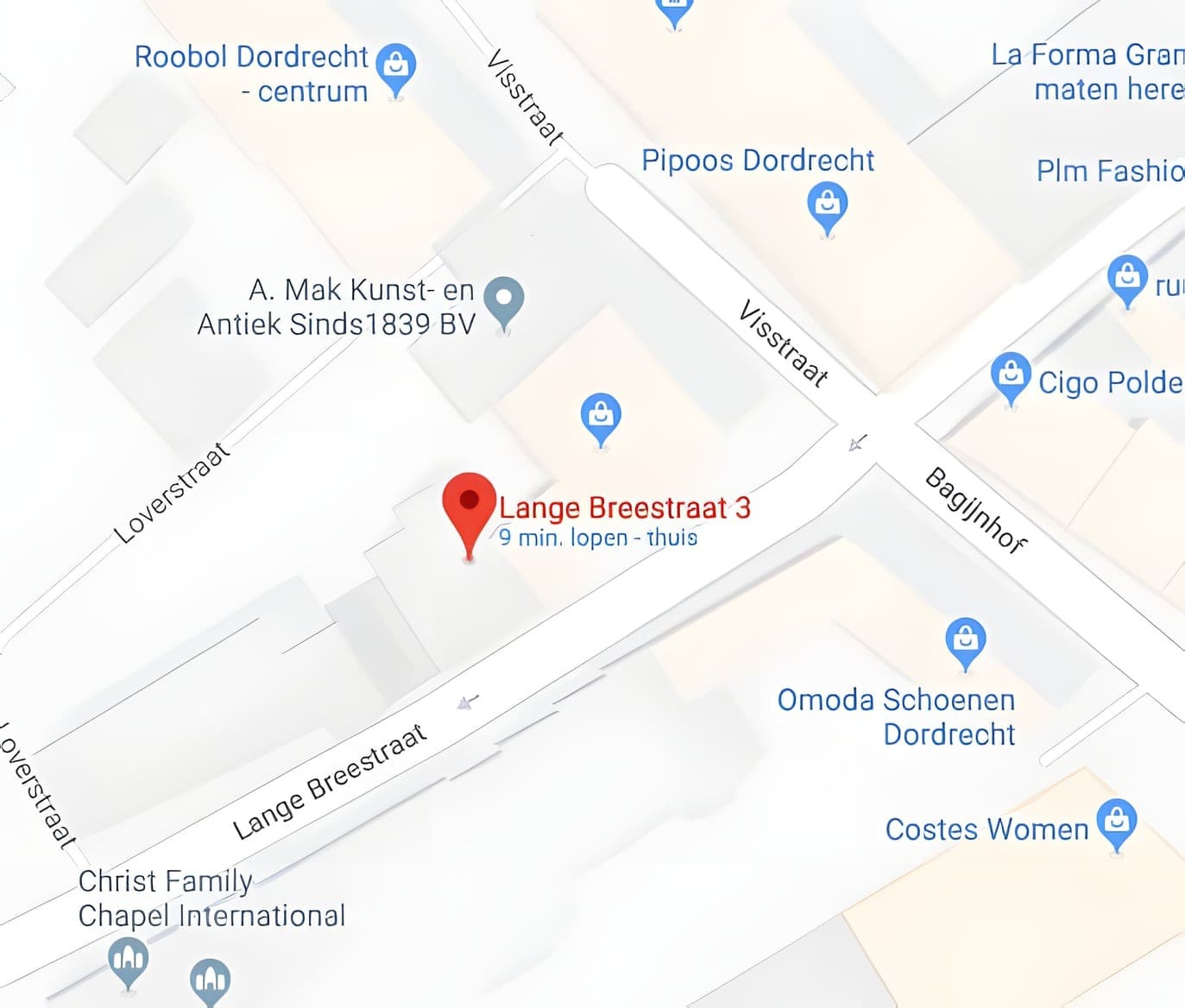 Plattegrond van de omgeving met Lange Breestraat 3 in het centrum van Dordrecht